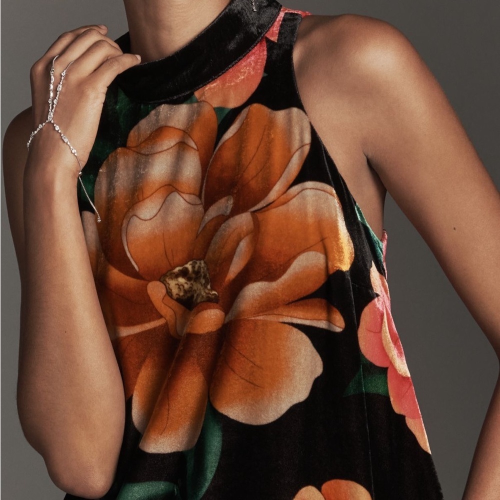 NWT Farm Rio x Anthropologie Mock-neck Printed Velvet Midi Dress Medium Petite - Picture 2 of 9